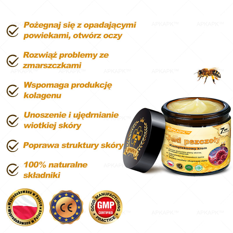 ΑPΚΑPK™Jad Pszczoły Kompleksowy Krem🧑⚕️🧑⚕️ 🥇pomaga w leczeniu problemów skórnych, takich jak: zmarszczki, blizny, plamy pigmentacyjne, rozstępy, trądzik, łuszczyca, egzema, zmiany skórne, podrażnienia, stany zapalne i inne problemy skórne🔥